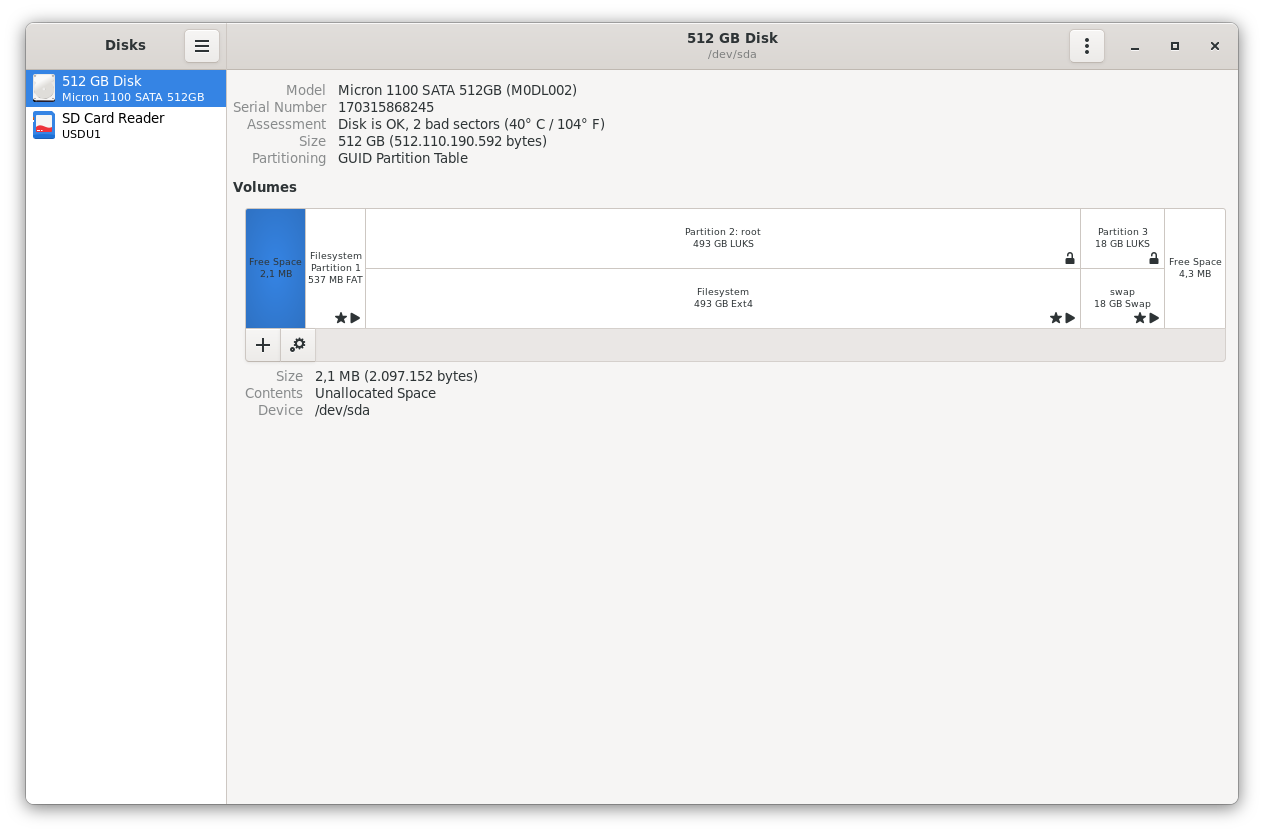 Bild von einer partitionierten SSD in Gnome Disks